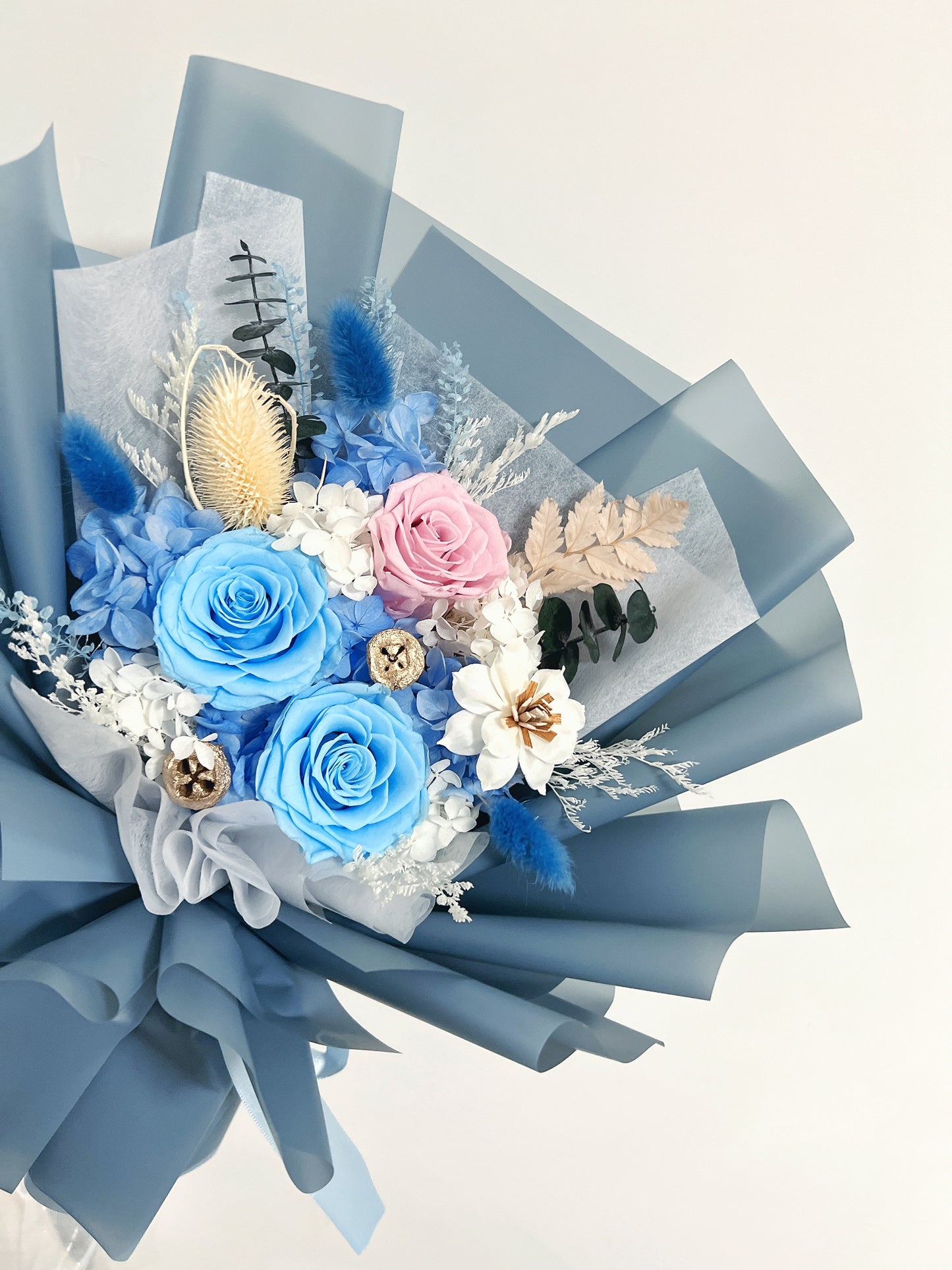 現貨款 -| 保鮮花|- 淺藍玫瑰太陽花束