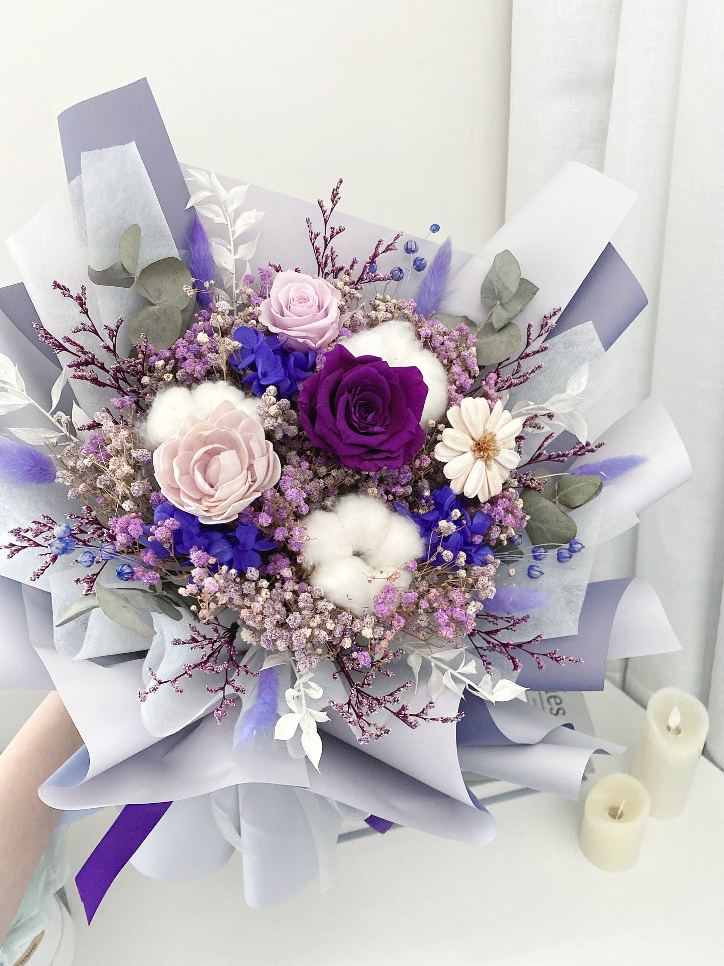 -| 保鮮花|- 紫玫瑰棉花花束